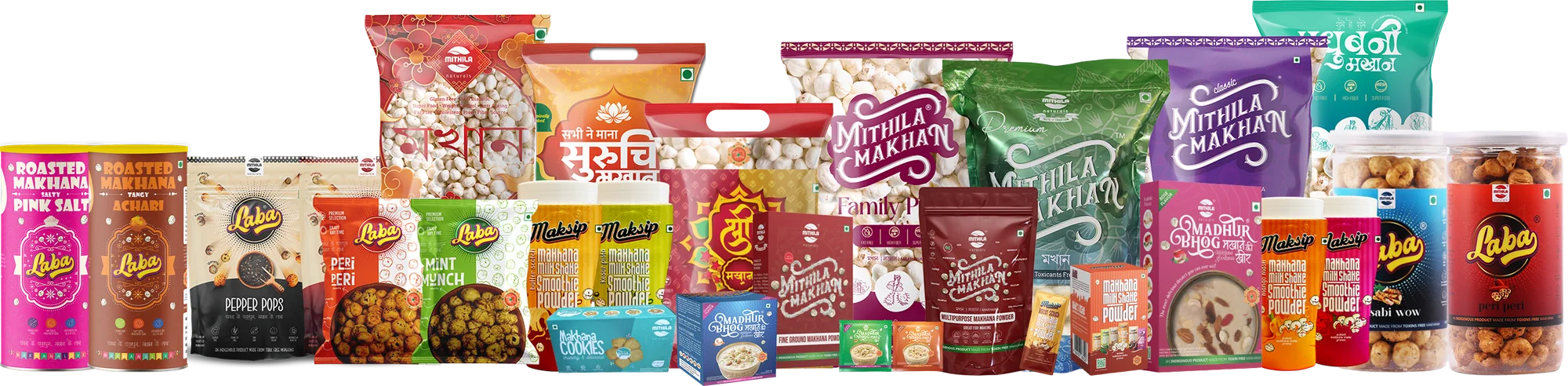 The Mithila Naturals range: phool makhana, Laba roasted makhana, kheer pre-mix, makhana shake and makhana powder